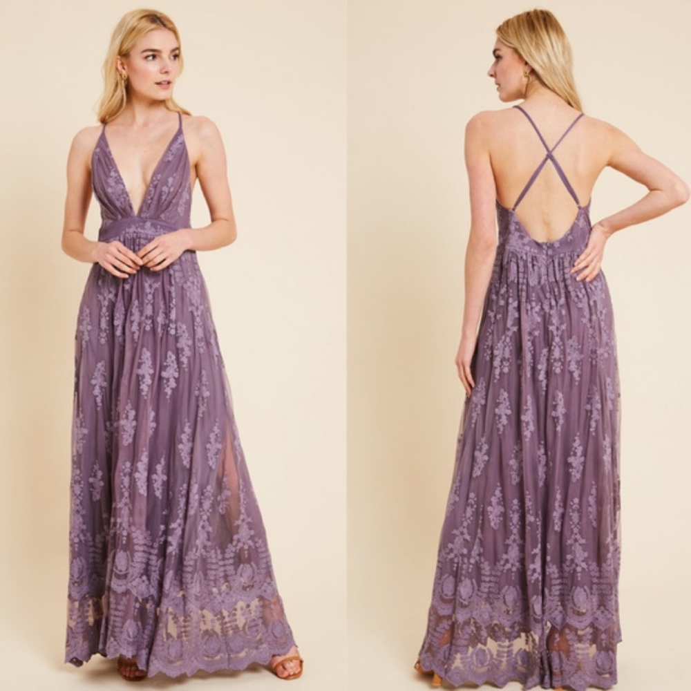 purple boho embroidered lace vneck open back Dress